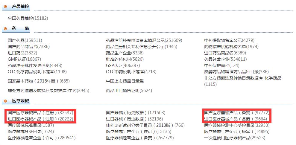 页面分类中有医疗器械分类其中分为国产医疗器械和进口医疗器械等，点击进入对应的分类输入信息即可查询。